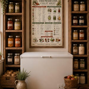 Framed Food Preservation Cheat Sheet displayed above a chest freezer in a rustic homestead pantry with wooden shelves, labeled jars, preserved foods, baskets, and farmhouse kitchen decor.