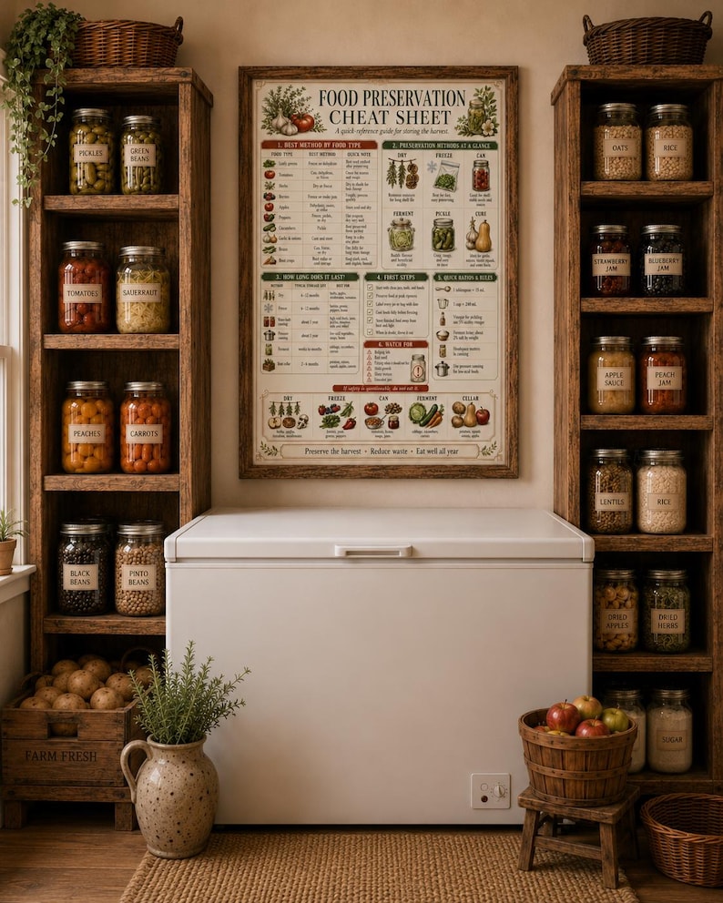 Framed Food Preservation Cheat Sheet displayed above a chest freezer in a rustic homestead pantry with wooden shelves, labeled jars, preserved foods, baskets, and farmhouse kitchen decor.