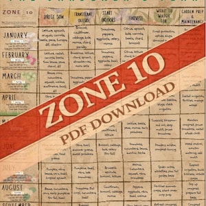 May include: A gardening calendar titled "The Gardener's Year" for Zone 10, with monthly planting guides and maintenance tips. The chart includes direct sowing, transplanting, harvesting, and maintenance information, with the text "Zone 10 PDF Download" overlaid.