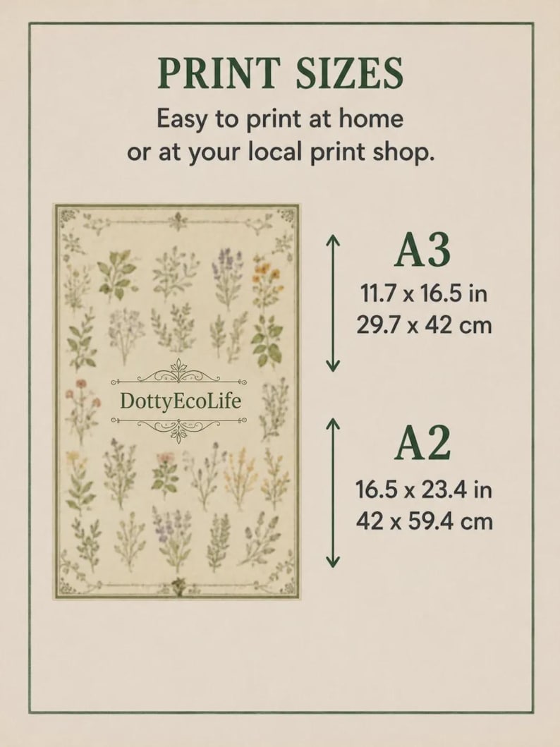 Print size guide for the Zone 9 Planting Guide showing recommended A3 and A2 poster dimensions for home printing or use at a local professional print shop.