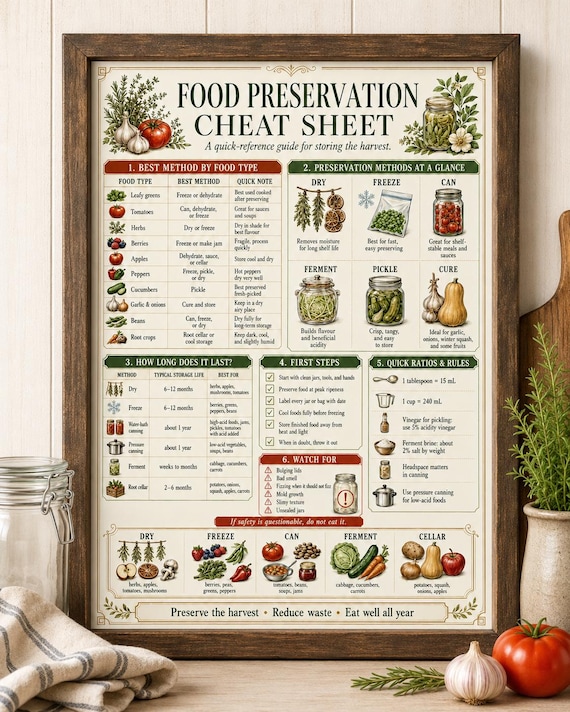 Food Preservation Chart PDF + Pantry Log & Labels | Canning Freezing Drying Homestead Kitchen Poster