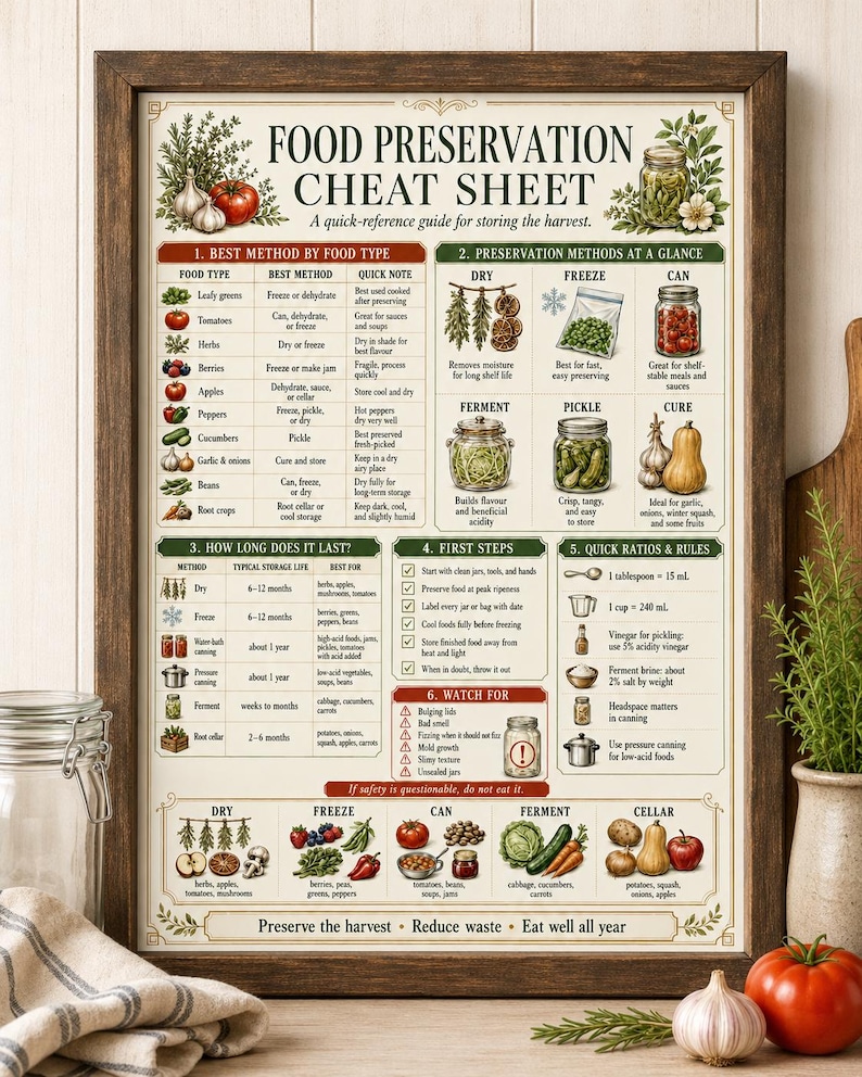 Food Preservation Cheat Sheet printable PDF with bonus Pantry Preservation Log and Pantry & Freezer Labels, designed for homestead kitchens, pantry organization, canning, freezing, drying, and harvest storage.