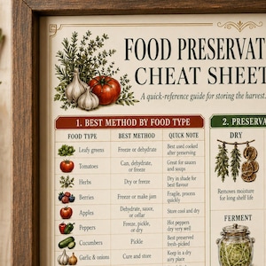 Close-up of the Food Preservation Cheat Sheet showing drying, freezing, canning, fermenting, pickling, curing, food type guidance, quick notes, and harvest preservation methods.