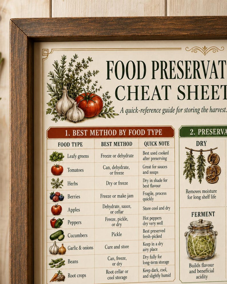 Close-up of the Food Preservation Cheat Sheet showing drying, freezing, canning, fermenting, pickling, curing, food type guidance, quick notes, and harvest preservation methods.