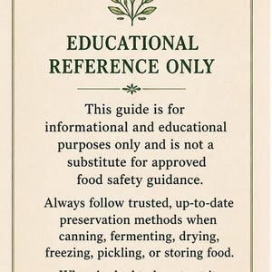 Food preservation safety reminder for a printable homestead kitchen chart, advising buyers to follow trusted current food safety guidance when canning, fermenting, preserving, or storing food.