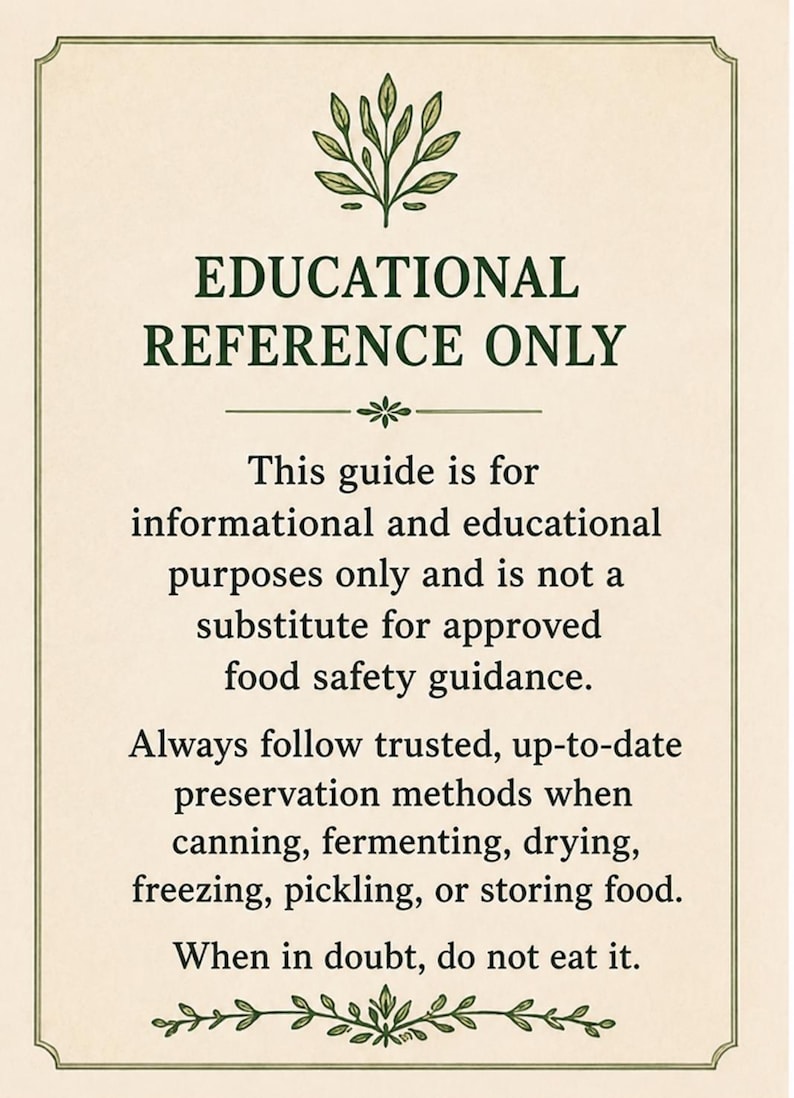 Food preservation safety reminder for a printable homestead kitchen chart, advising buyers to follow trusted current food safety guidance when canning, fermenting, preserving, or storing food.