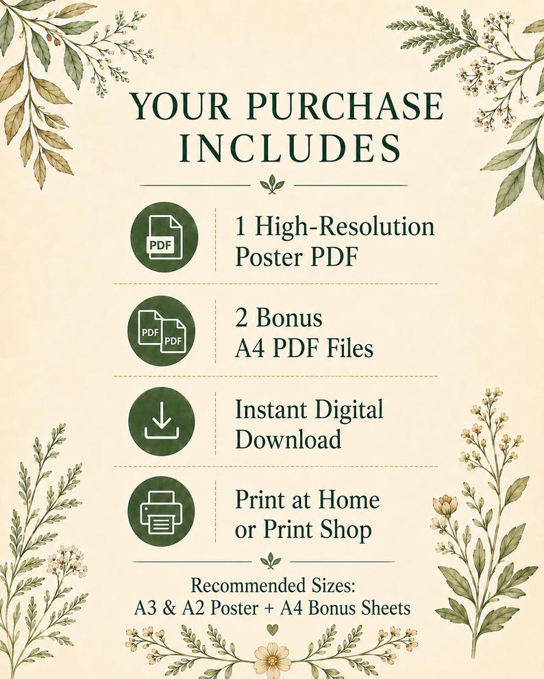 May include: A digital download information sheet with a cream background and green botanical illustrations. Text reads: YOUR PURCHASE INCLUDES, 1 High-Resolution Poster PDF, 2 Bonus A4 PDF Files, Instant Digital Download, Print at Home or Print Shop.