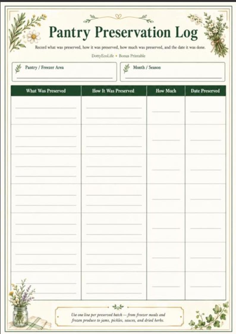 Pantry Preservation Log printable PDF with large writing spaces for recording what was preserved, how it was preserved, how much was preserved, and the date preserved.