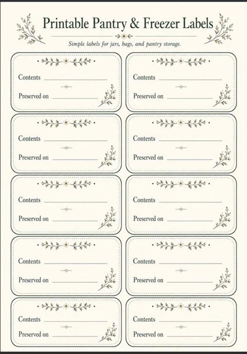 Printable Pantry & Freezer Labels PDF with rounded vintage cottage labels for jars, freezer bags, containers, pantry tubs, preserved food storage, contents, and preserved dates.