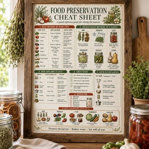 Framed food preservation poster displayed in a homestead kitchen or pantry area with jars, produce, dried herbs, baskets, kitchen tools, and harvest storage decor.