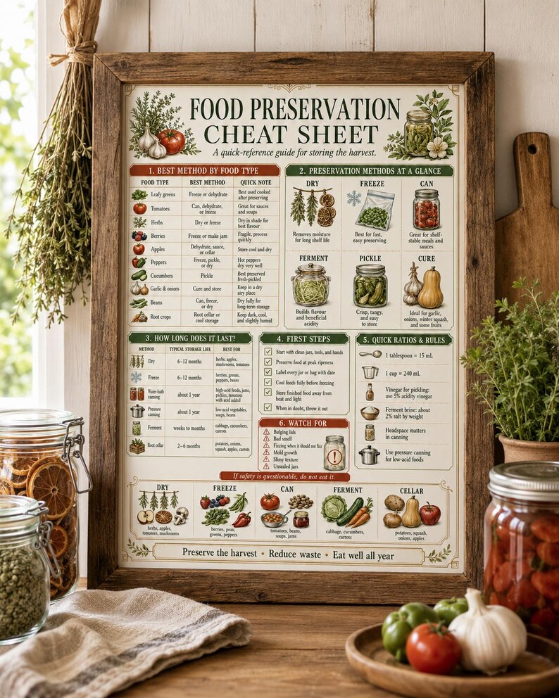 Framed food preservation poster displayed in a homestead kitchen or pantry area with jars, produce, dried herbs, baskets, kitchen tools, and harvest storage decor.