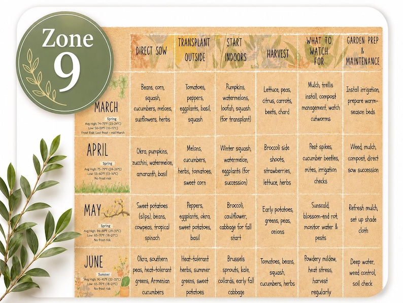 Close-up of the Zone 9 Planting Guide showing the practical monthly planting table with direct sowing, transplanting outside, indoor seed starting, harvesting, what to watch for, and garden prep tasks.