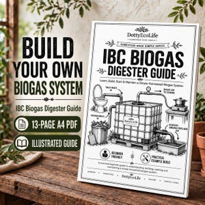 Könnte beinhalten: Ein 13-seitiger A4-PDF-Leitfaden mit dem Titel IBC Biogas Digester Guide von DottyEcoLife. Das Cover zeigt eine schwarz-weiße Illustration eines Biogassystems mit Toilette, Küchenabfalleimer, IBC-Tank und einem Kochherd für Biogas.