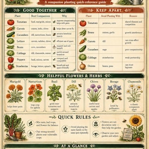 Companion Planting Chart showing which vegetables, herbs, and flowers grow well together, which plants to keep apart, and simple reasons for better garden planning.