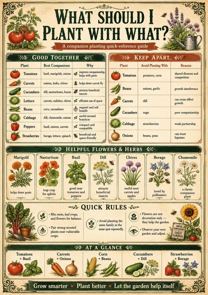 Companion Planting Chart showing which vegetables, herbs, and flowers grow well together, which plants to keep apart, and simple reasons for better garden planning.
