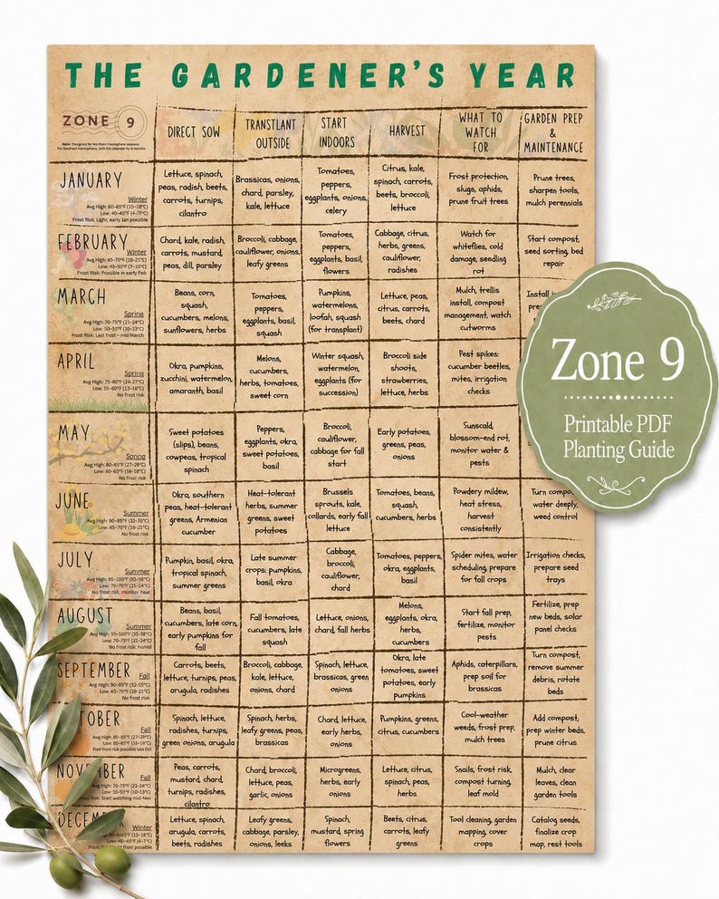 Zone 9 Planting Guide printable PDF shown on a clean white background with olive branch styling and a green badge, featuring a monthly vegetable garden calendar for sowing, transplanting, harvesting, pests, and garden maintenance.