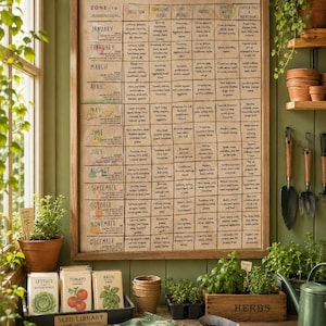 May include: A framed wall chart titled The Gardener's Year, featuring a grid of planting tasks by month for Zone 10. Below, a seed library box with lettuce, tomato, and basil packets, a wooden herb crate, gardening gloves, and a hand trowel.