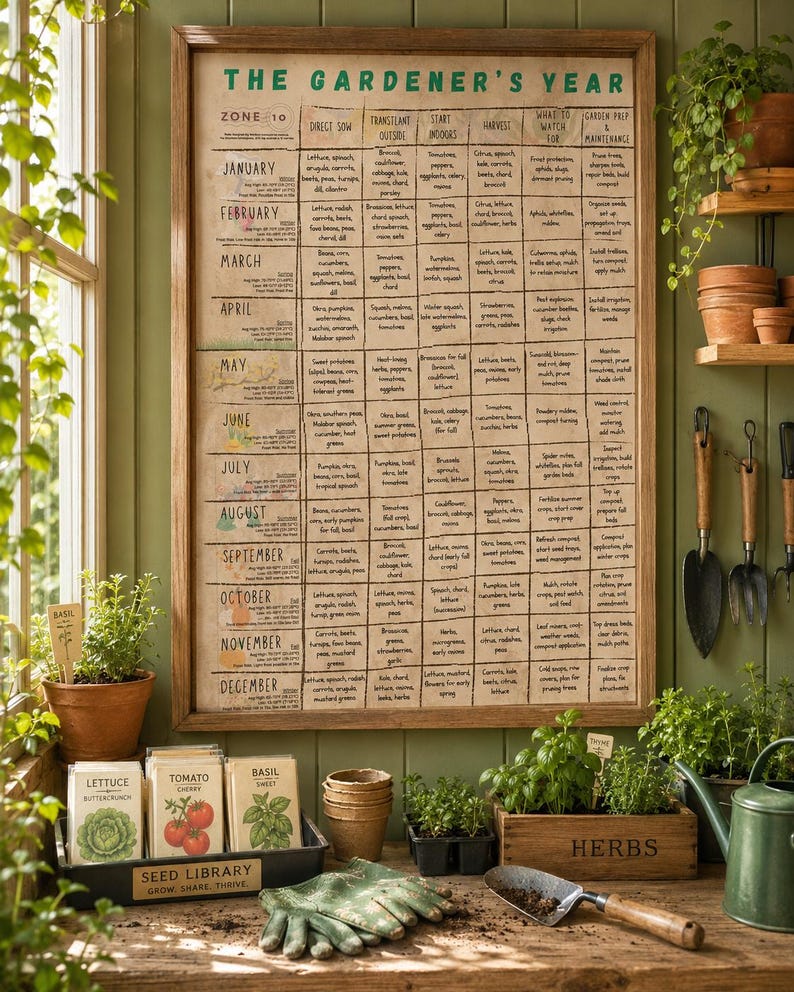 May include: A framed wall chart titled The Gardener's Year, featuring a grid of planting tasks by month for Zone 10. Below, a seed library box with lettuce, tomato, and basil packets, a wooden herb crate, gardening gloves, and a hand trowel.