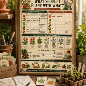 Framed companion planting poster displayed with seed packets, garden notebook, pencil, plant labels, and raised bed planning supplies for vegetable gardeners and homesteaders.