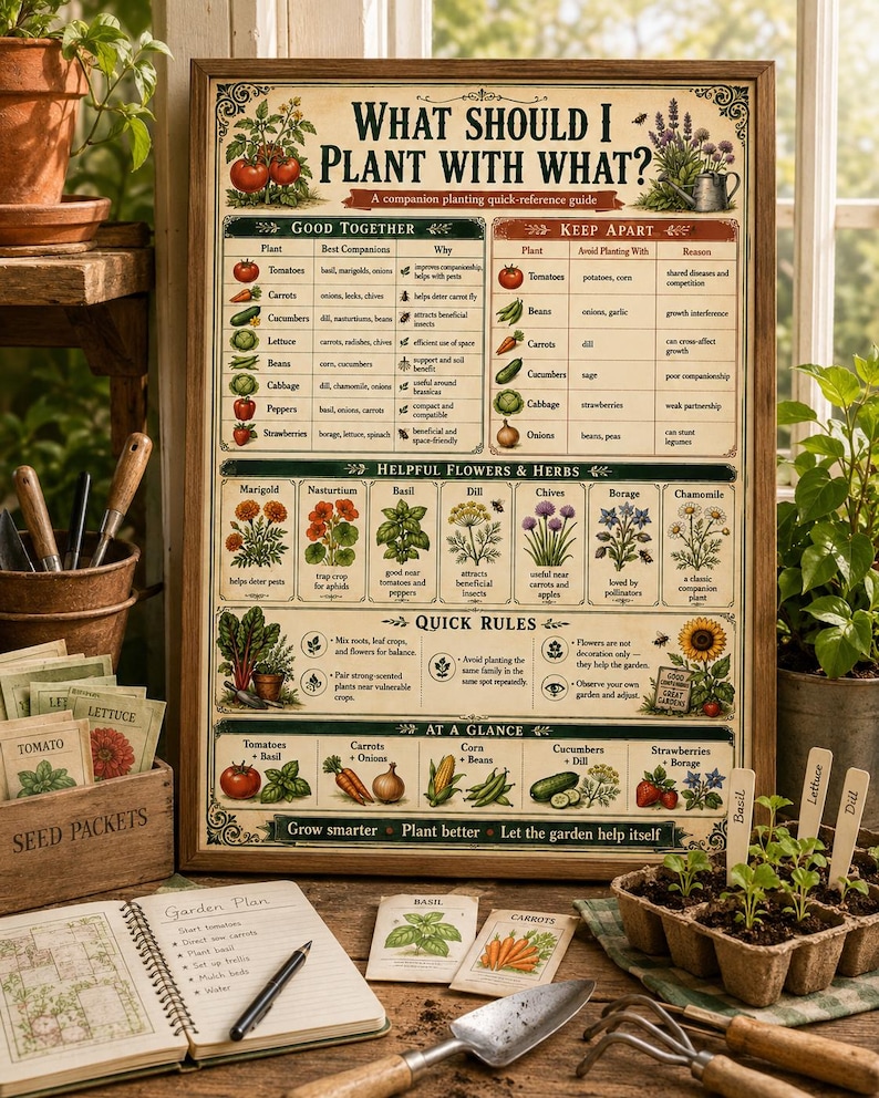 Framed companion planting poster displayed with seed packets, garden notebook, pencil, plant labels, and raised bed planning supplies for vegetable gardeners and homesteaders.