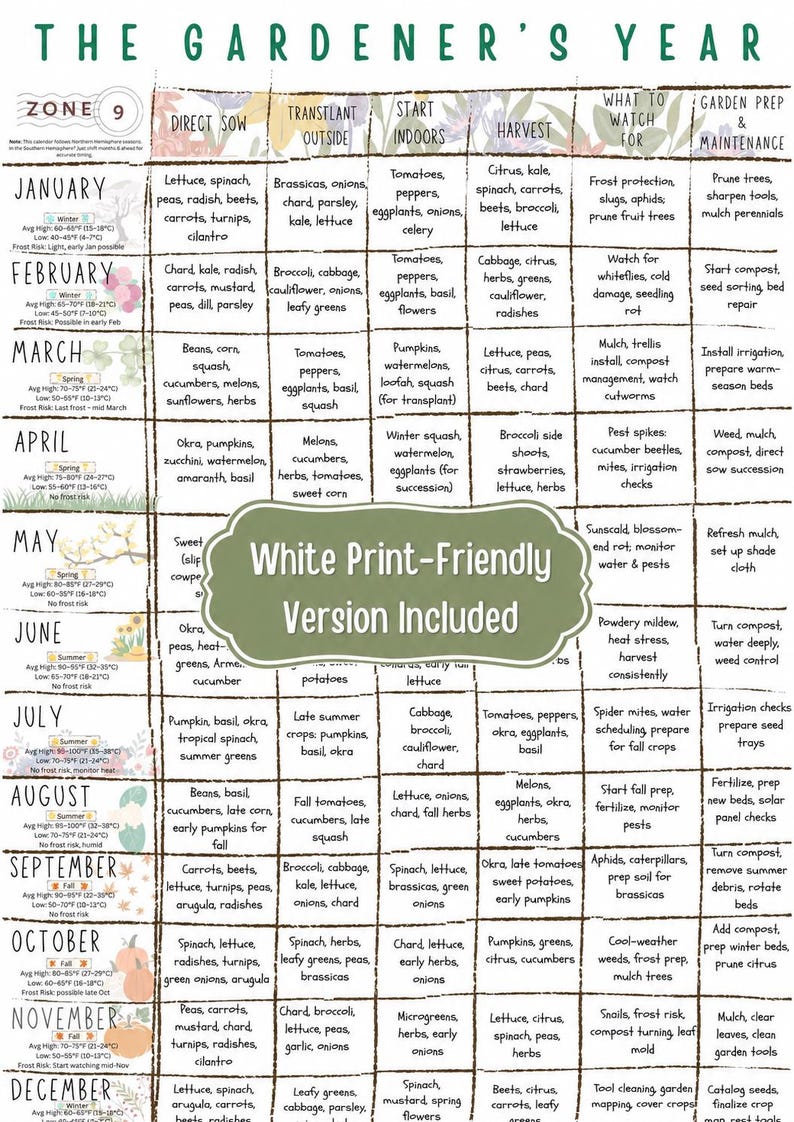 White print-friendly Zone 9 Planting Guide showing a clean monthly vegetable planting calendar for direct sowing, transplanting, indoor seed starting, harvesting, pests, frost notes, and garden maintenance.