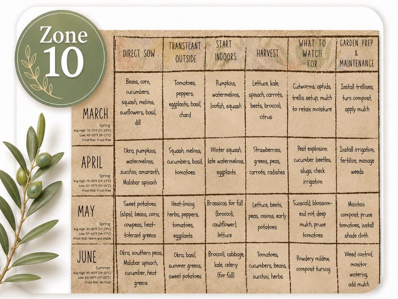 May include: A Zone 10 gardening calendar chart printed on textured tan paper. The grid displays planting schedules for March through June, including columns for direct sow, transplant, indoor starts, harvest, pests, and maintenance tasks with temperature data.