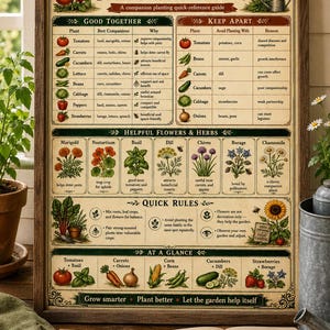 Framed companion planting poster displayed with seed packets, garden notebook, pencil, plant labels, and raised bed planning supplies for vegetable gardeners and homesteaders.