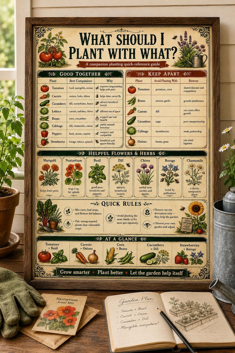 Framed companion planting poster displayed with seed packets, garden notebook, pencil, plant labels, and raised bed planning supplies for vegetable gardeners and homesteaders.
