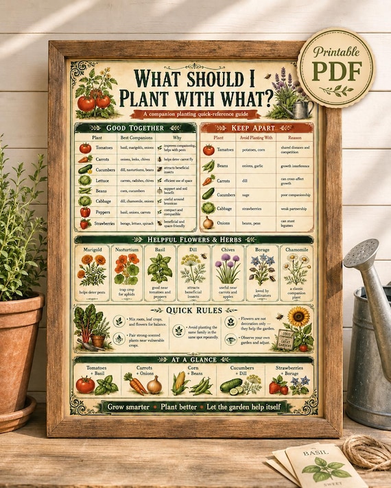 Companion Planting Chart PDF + Raised Bed Planner | Vegetable Garden Pairing Guide Printable