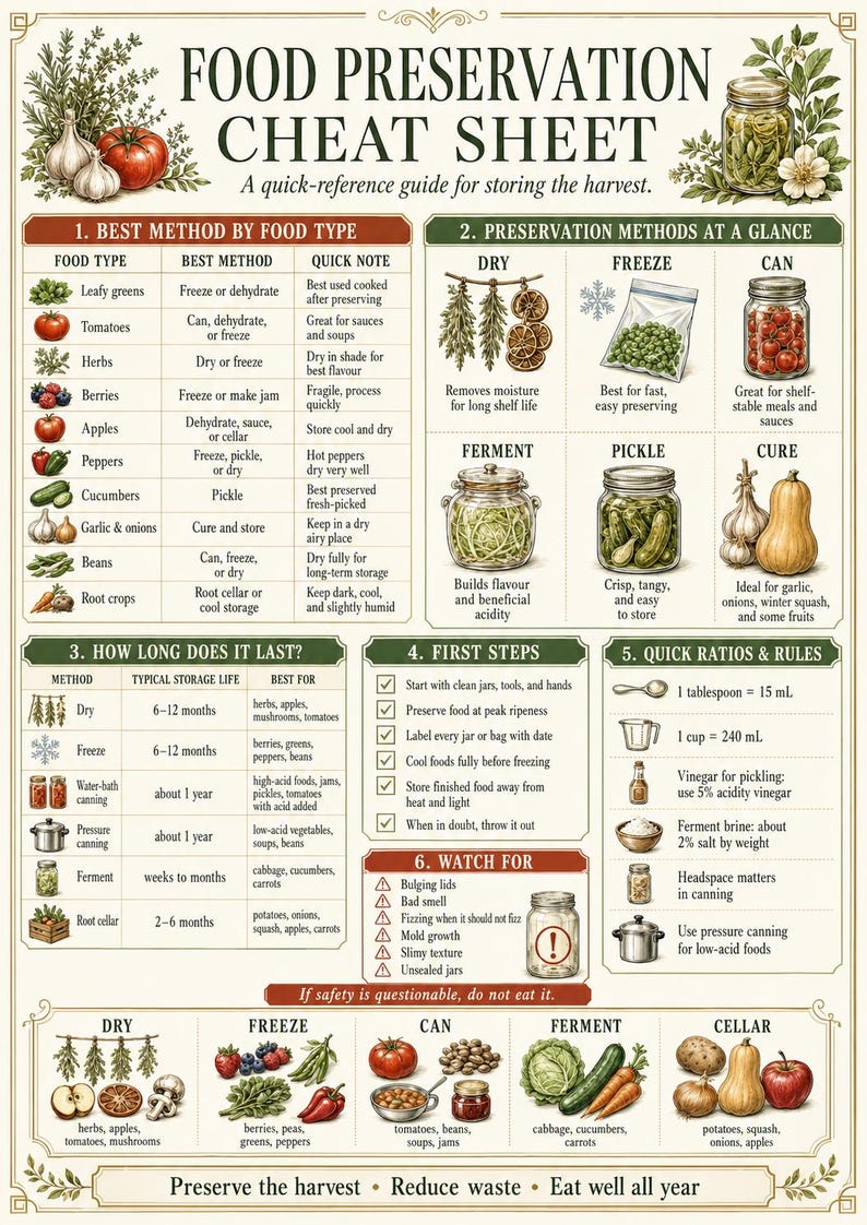 Full Food Preservation Cheat Sheet poster showing best preservation methods by food type, drying, freezing, canning, fermenting, pickling, curing, storage life, quick ratios, first steps, and warning signs.