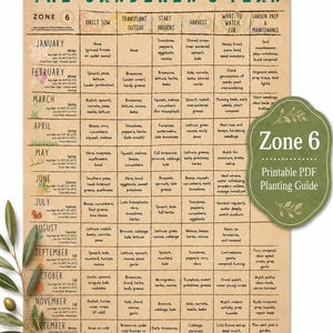 May include: A tan-colored gardening calendar titled The Gardener's Year Zone 6, featuring a grid of planting tasks for each month from January to December. It includes columns for direct sow, transplant, start indoors, harvest, and maintenance tasks.