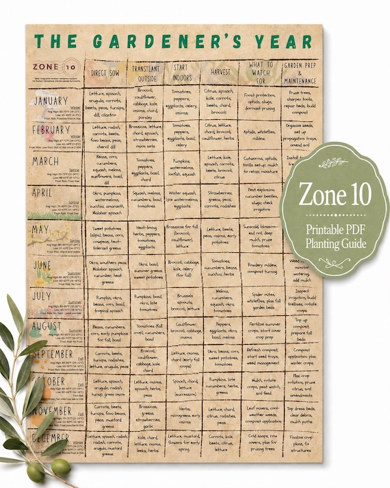 Zone 10 Planting Guide PDF | Monthly Vegetable Garden Calendar, Seed Starting & Harvest Chart