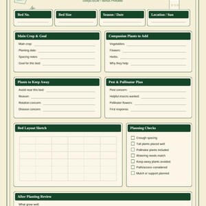 Themed Raised Bed Companion Planting Planner printable PDF with sections for main crop, companion plants, keep-away plants, pest and pollinator plan, bed layout sketch, planning checks, and garden notes.
