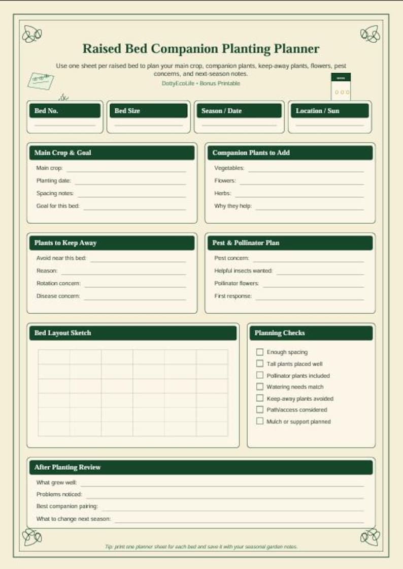 Themed Raised Bed Companion Planting Planner printable PDF with sections for main crop, companion plants, keep-away plants, pest and pollinator plan, bed layout sketch, planning checks, and garden notes.