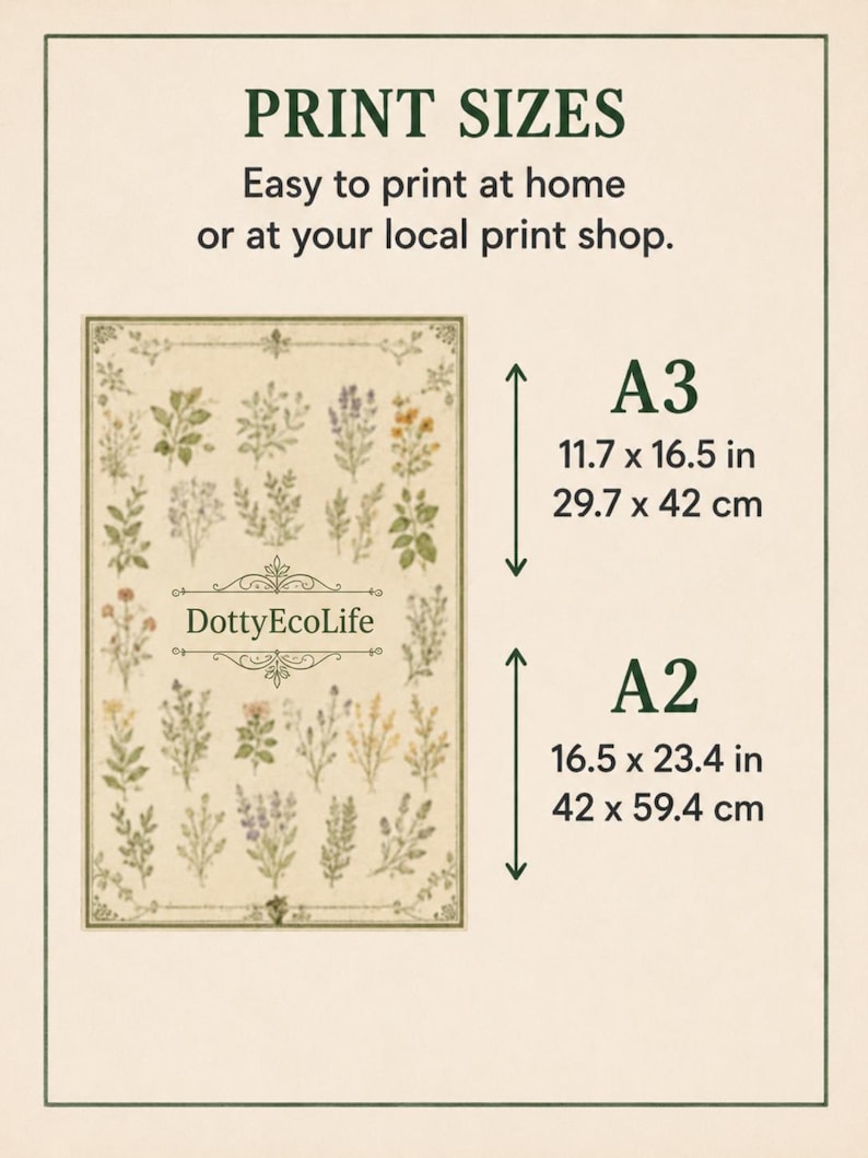 Print size guide for the Companion Planting Chart poster showing recommended A3 and A2 sizes, with clear printing information for home printing or a local print shop.