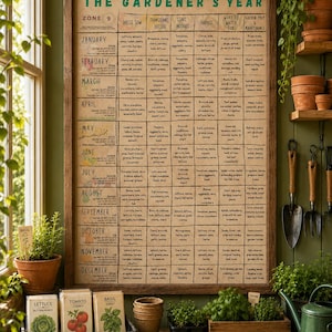 Zone 9 Planting Guide displayed as a framed beige poster in a warm greenhouse or potting shed workspace with seed packets, gloves, seedlings, plant pots, gardening tools, and natural light.