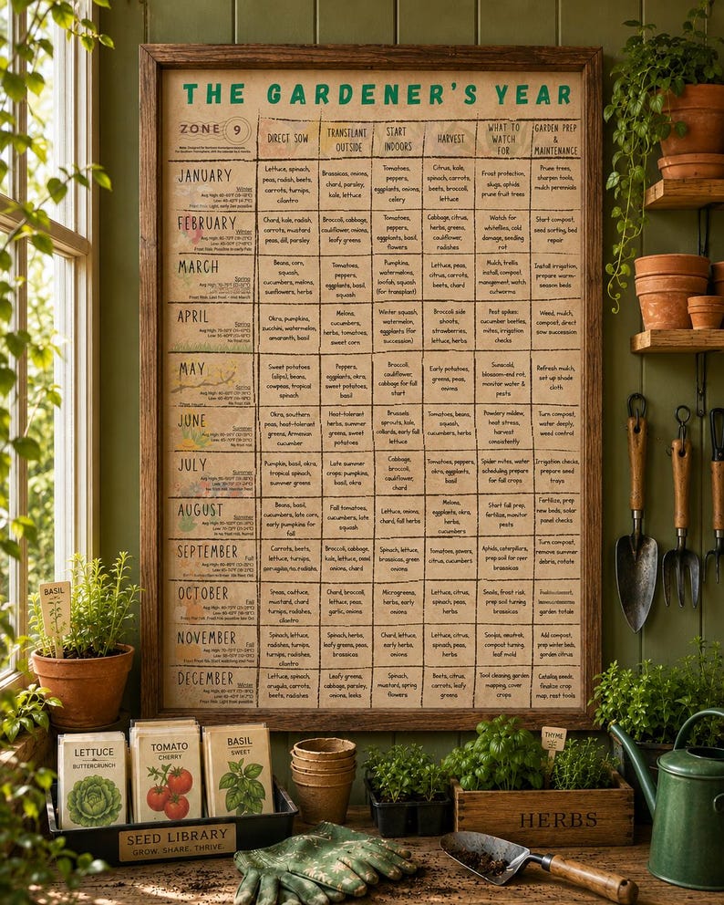 Zone 9 Planting Guide displayed as a framed beige poster in a warm greenhouse or potting shed workspace with seed packets, gloves, seedlings, plant pots, gardening tools, and natural light.