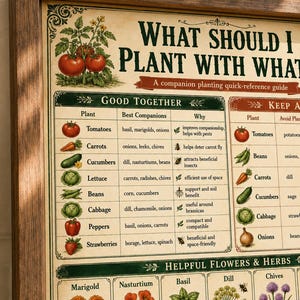 Close-up of the Companion Planting Chart showing the “What Should I Plant With What?” title, vegetable pairings, companion plants, keep-apart notes, and garden reference details.
