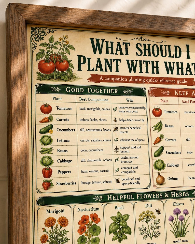 Close-up of the Companion Planting Chart showing the “What Should I Plant With What?” title, vegetable pairings, companion plants, keep-apart notes, and garden reference details.