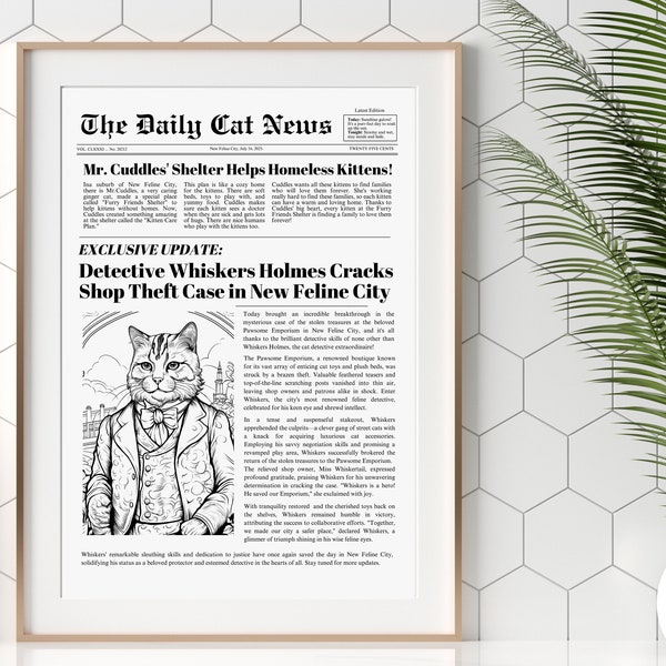 Funny Cat Newsprint, Printable Cat Newspaper Art, Funny Cat Art, Cat Poster, Newspaper art, Gift for Cat Lovers, Cat Art Digital Download