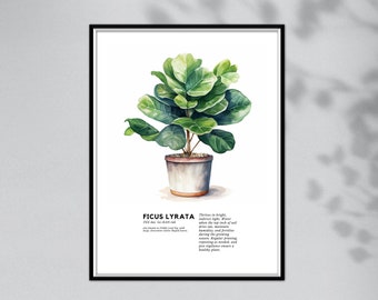 水彩画の植物壁アート、デジタルダウンロード、フィドルリーフイチジクの絵画、観葉植物の絵画、植物の室内装飾、植物愛好家へのギフト