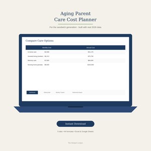 May include: A digital Aging Parent Care Cost Planner displayed on a laptop screen, featuring a table comparing monthly and annual costs for in-home, assisted living, memory, and nursing care. Includes an Instant Download button and 5 tabs.