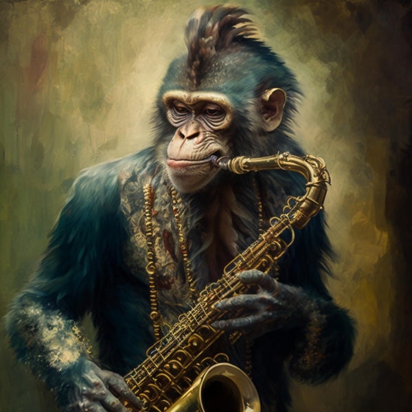 Mothers Day Gifts, Oil Paintings of a Saxophone-Playing Monkeys, Digital Download, Unique Monkeys Art Piece, Wall art, Jazz Art, Clipart