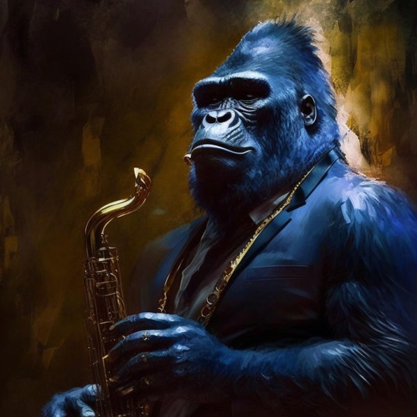 Oil Painting of a Saxophone-Playing Gorilla, Digital Download, Unique Gorilla Art Piece, Wall art, Jazz Art, Mothers Day Gifts