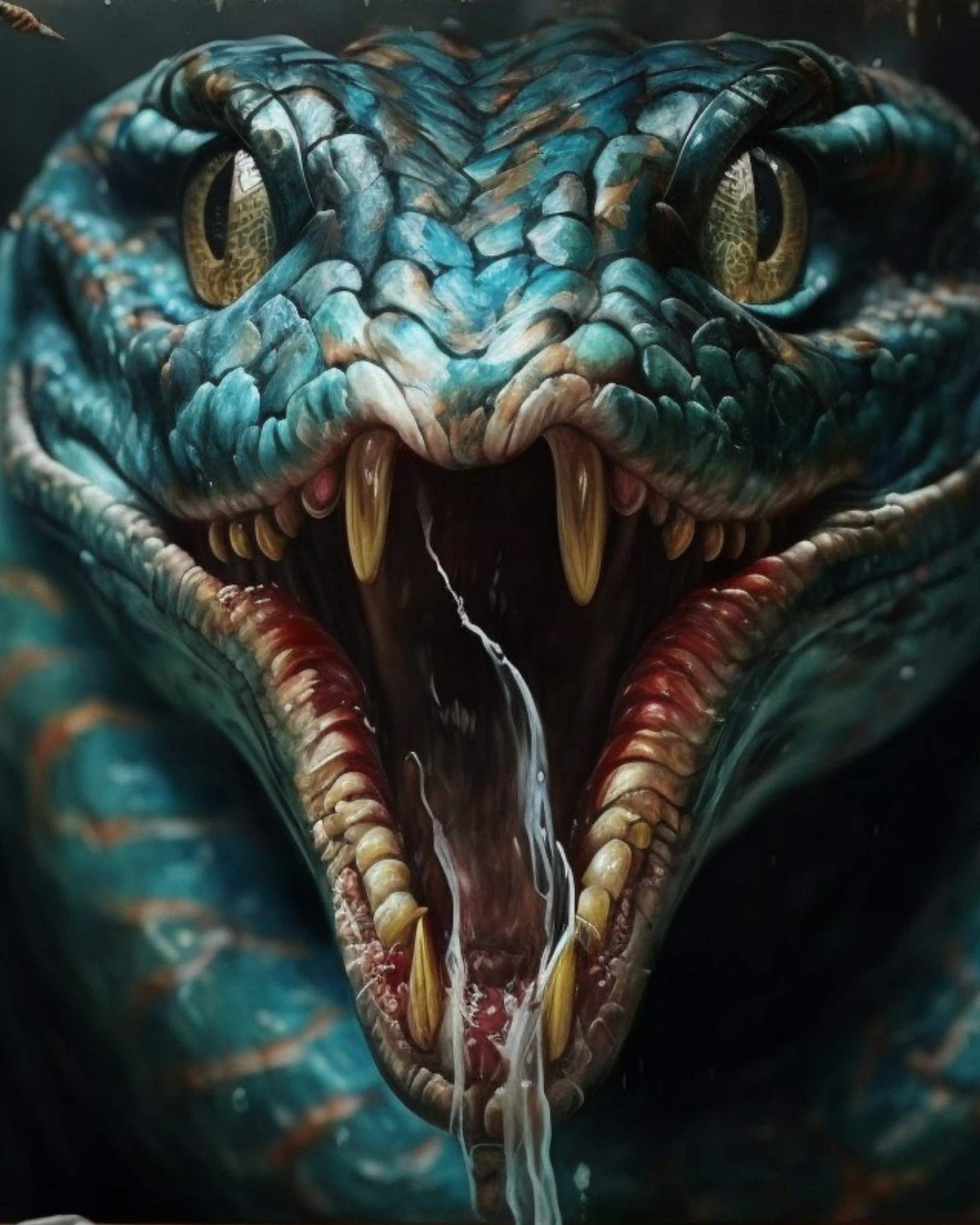 Teeth of the Blue Snake, Oil Painting on Black Background, Abstract
