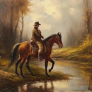 Vintage Western Cowboy | Antique Oil Painting | Countryside Art | Rustic Southwest Room Decor | PRINTABLE Digital Download | Wall Decor