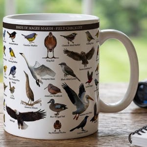 May include: A white ceramic mug featuring a detailed illustration titled Birds of Magee Marsh - Field Checklist. The design displays numerous colorful bird species with their names printed in black text below each individual bird figure.