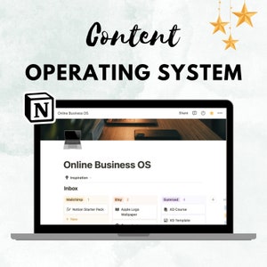 May include: A laptop computer screen displaying a Notion workspace with the title "Online Business OS". The workspace is organized into three sections: Mailchimp, Etsy, and Gumroad. Each section has a number of tasks listed, such as "Notion Starter Pack" and "Apple Logo Wallpaper".