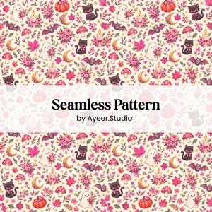 May include: A seamless pattern featuring watercolour illustrations of black cats, white ghosts, orange pumpkins, purple bats, red mushrooms, pink flowers, and yellow crescent moons on a cream background with the text Seamless Pattern by Ayeer.Studio.
