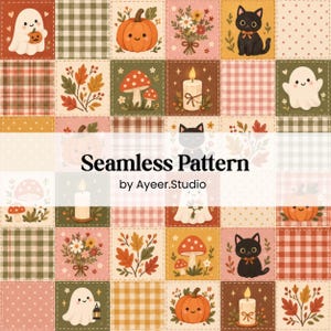 May include: A seamless pattern featuring a grid of squares with autumn-themed illustrations including ghosts, pumpkins, black cats, lit candles, mushrooms, and floral bouquets, interspersed with plaid and polka dot backgrounds with the text Seamless Pattern by Ayeer.Studio.